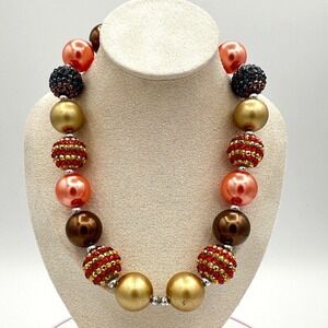 Vintage Chunky Bubble Bead Necklace Orange Gold Rhinestone Gumball Statement 90s